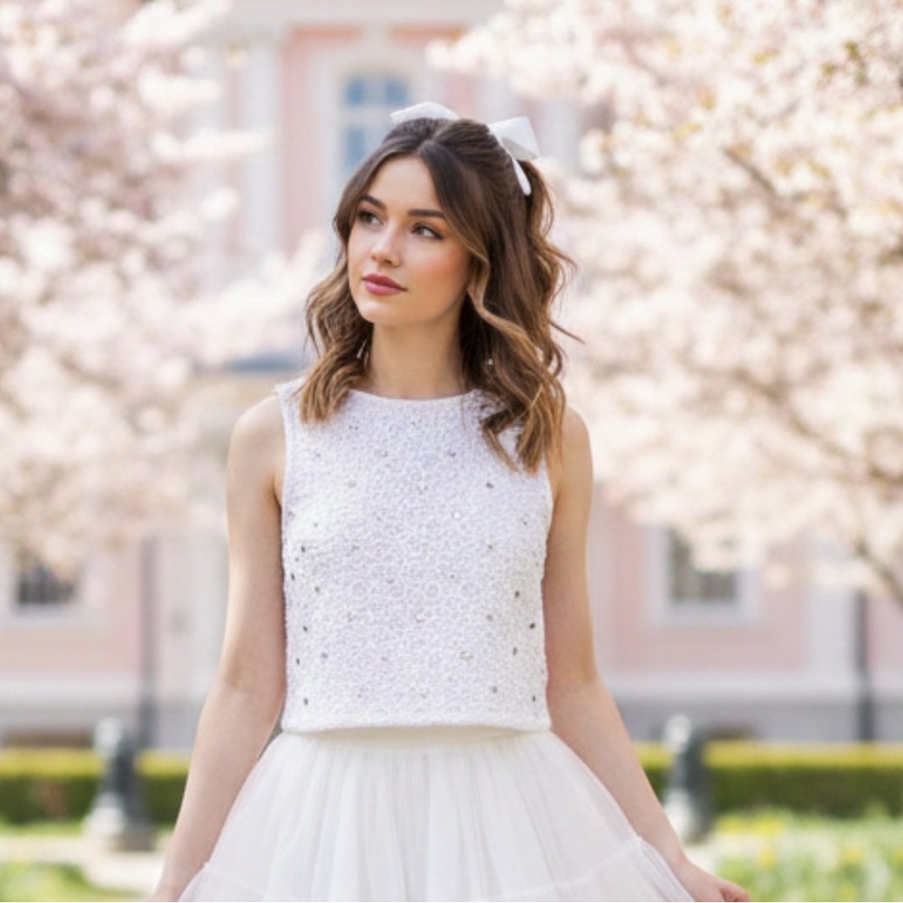 LC Lauren Conrad White Floral Lace Rhinestone Crop Top Sz Small Bridal /Coquette